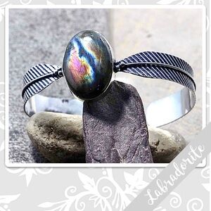 Fiery Labradorite Large Silver Bangle Cuff, 7” Adjustable Blue, Burgundy, Yellow